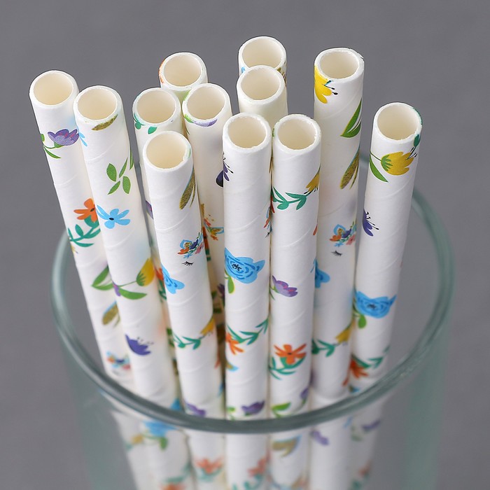 Papír szívószál virágmintás, 197 mm hosszú, környezetbarát eldobható szívószál vendéglátóhelyek számára.