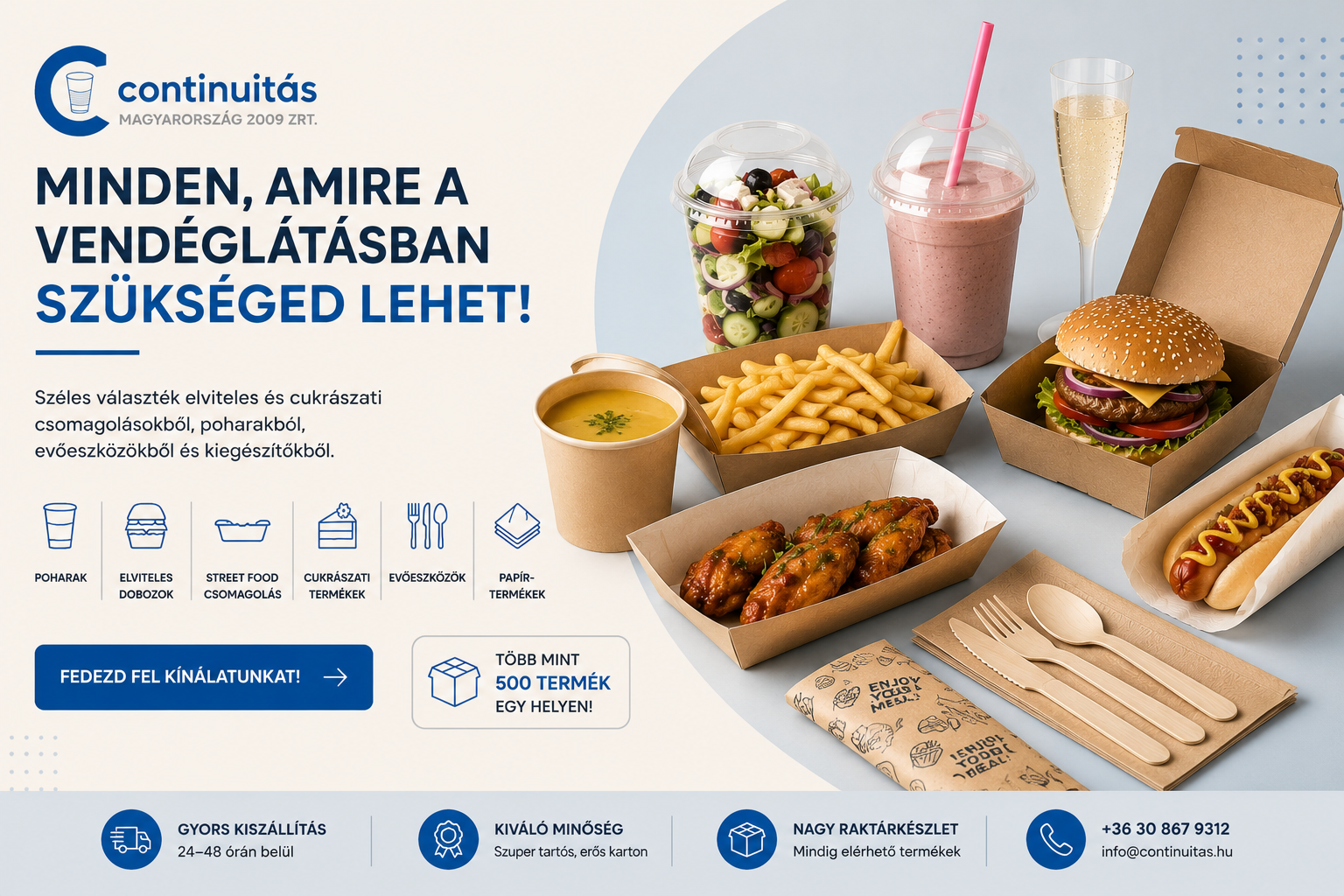 Vendéglátóipari elviteles csomagolások, poharak, street food dobozok és evőeszközök – Continuitás