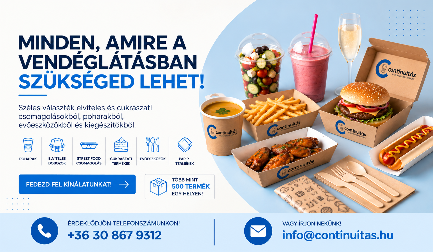 Vendéglátóipari elviteles csomagolások, poharak, street food dobozok és evőeszközök – Continuitás